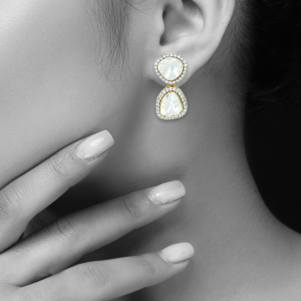 Double Drop Polki Earrings with Diamond Halos